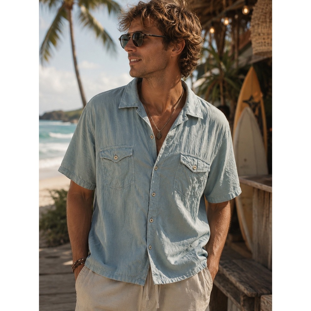 Tommy Bahama Mens XXL Light Blue Tencel Cotton Short Sleeve Island Modern Fit